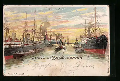 Lithographie Bremerhaven, Neuer Hafen mit Dampfschiffen und Raddampfer