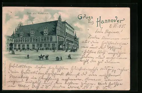Lithographie Hannover, Das alte Rathaus, Strassenpartie