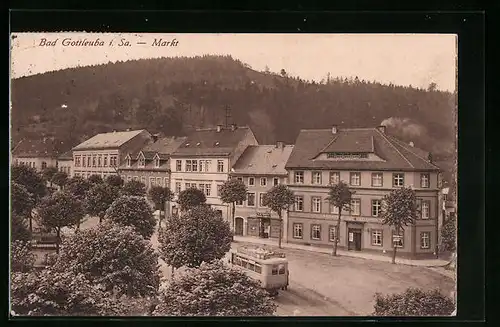 AK Bad Gottleuba i. Sa., Markt mit Omnibus, Gasthof zum Kronprinz