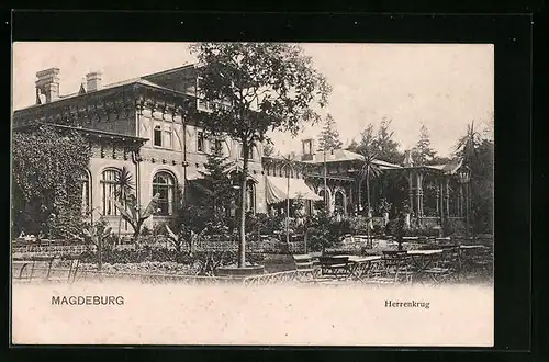 AK Magdeburg, Gasthaus Herrenkrug, Ansicht mit Terrasse