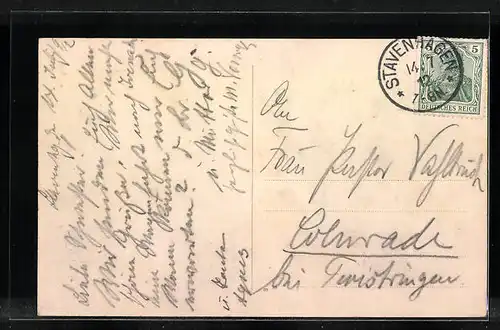 AK Stavenhagen, Rathaus (Reuters Geburtshaus) mit Denkmal