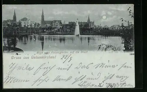 Mondschein-AK Gelsenkirchen, Blick vom Kaisergarten auf die Stadt
