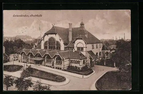 AK Gelsenkirchen, Stadthalle aus der Vogelschau