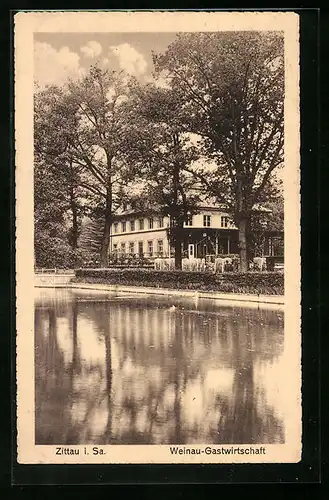AK Zittau i. S., Uferpartie mit Weinau-Gastwirtschaft