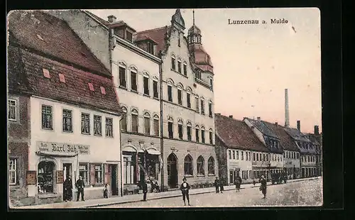 AK Lunzenau a. Mulde, Marktstrasse, Buchbinderei Karl Jäh