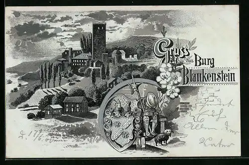 Mondschein-Lithographie Burg Blankenstein, Burgpanorama, schlafender Ritter mit Hund, Wappen