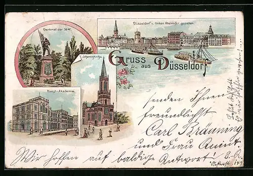 Lithographie Düsseldorf, Kunst-Akademie, Johanniskirche, Denkmal der 39er