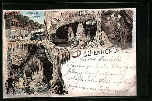 Lithographie Dechenhöhle, Kristallgrotte, Grufthalle, Bahnhof