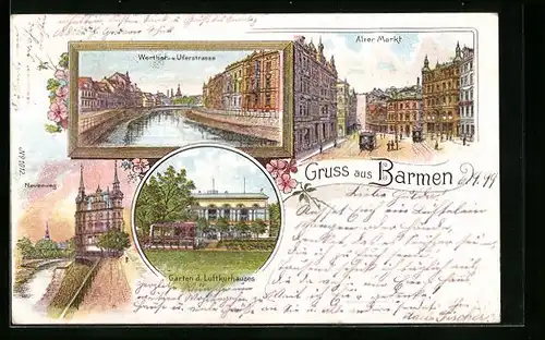 Lithographie Barmen, Werther- und Uferstrasse, Alter Markt, Neuenweg