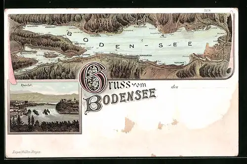 Lithographie Überlingen /Bodensee, Karte des Sees, Rheinfall