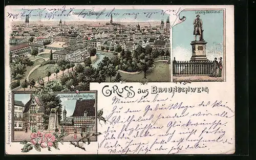 Lithographie Braunschweig, Ortsansicht, Lessing-Denkmal, Löwensäule auf dem Burg-Platz