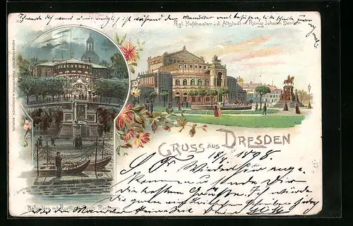 Lithographie Dresden, Kgl. Hoftheater in der Altstadt mit König Johann Denkmal