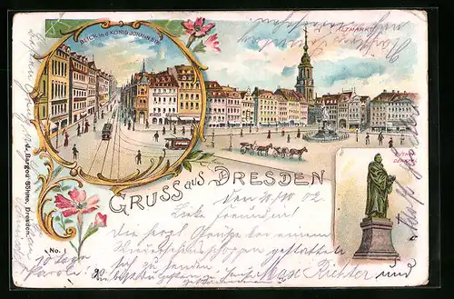 Lithographie Dresden, Blick in die König Johannstrasse, Altmarkt