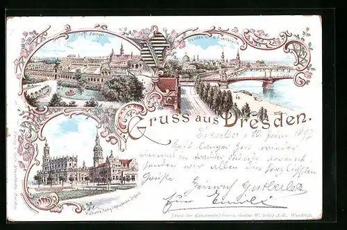 Lithographie Dresden, Kgl. Zwinger, Hofkirche, König Johann-Denkmal und Schloss