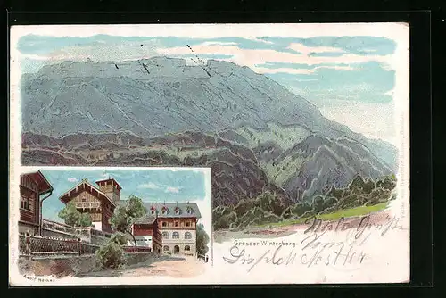Lithographie Bad Schandau, Grosser Winterberg, Gasthof