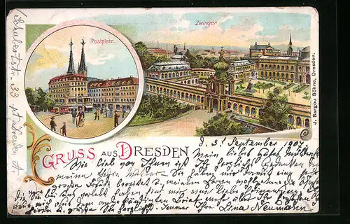 Lithographie Dresden, Postplatz, Zwinger, Strassenbahn