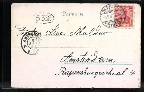 Lithographie Dresden, Postplatz, Zwinger, Strassenbahn