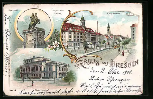 Lithographie Dresden-Neustadt, Hauptstrasse, Strassenbahn, Denkmal August des Starken, Alberttheater