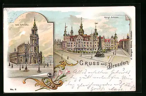 Lithographie Dresden, Königl. Schloss, Kath. Hofkirche