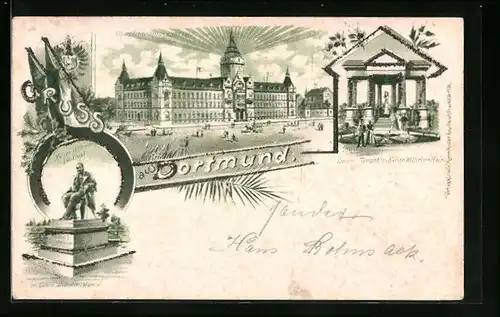 Lithographie Dortmund, Luisentempel, Oberpostdirectionsgebäude