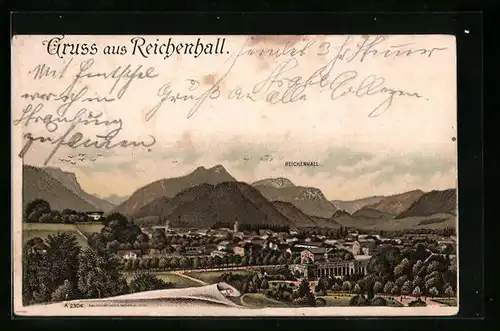 Lithographie Reichenhall, Ortsansicht aus der Vogelschau