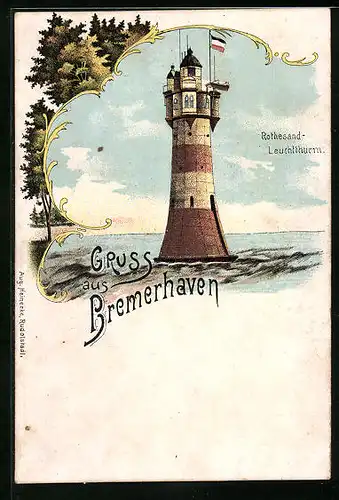 Lithographie Bremerhaven, Rothesand-Leuchtturm mit Reichsflagge