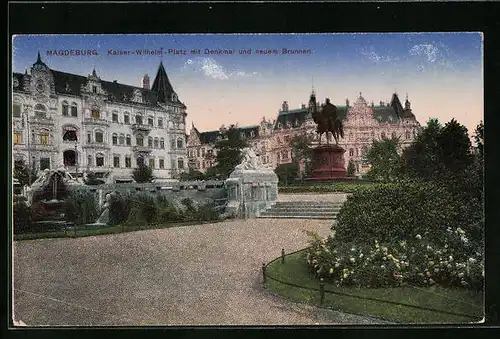 AK Magdeburg, Kaiser-Wilhelm-Platz mit Denkmal und neuem Brunnen