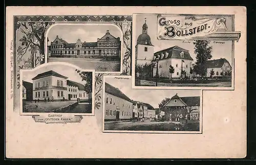 AK Bollstedt, Gasthaus zum Deutschen Kaiser, Marktplatz, Schule, Kirche