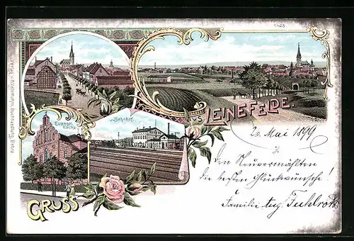 Lithographie Leinefelde, Bahnhof, Evangelische Kirche, Totalansicht