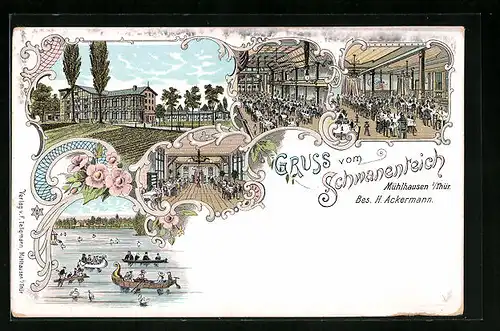 Lithographie Mühlhausen / Thür., Gasthaus zum Schwanenteich, Innen- und Aussenansicht