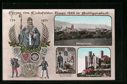 AK Heiligenstadt, Festpostkarte Eichsfelder Tage 1924, Burg Hanstein, Totalansicht, Wappen