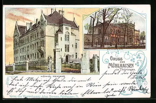 Lithographie Mühlhausen / Thür., Kgl. Seminar und Gymnasium