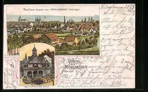 Lithographie Mühlhausen / Thür., Totalansicht mit Popperoder Quelle