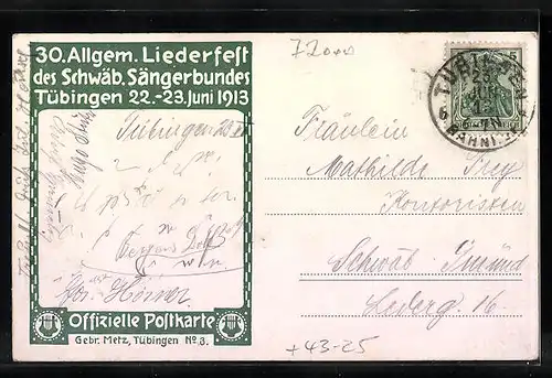 Künstler-AK Tübingen, 30. Allgemeines Liederfest des Schwäb. Sängerbundes 1913, Silcher komponierend, Ortsansicht