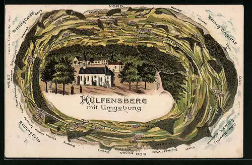 Lithographie Hülfensberg, Kirche mit Ansicht der umliegenden Ortschaften