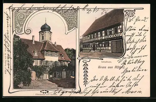 AK Alfdorf, Schule und Pfarrhaus mit Kirche