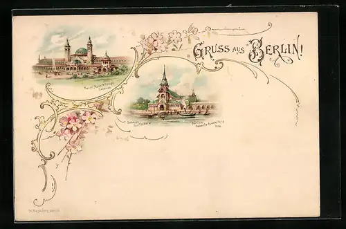 Lithographie Berlin, Gewerbe-Ausstellung 1896, Hauptausstellungsgebäude, Gebäude für Fischerei