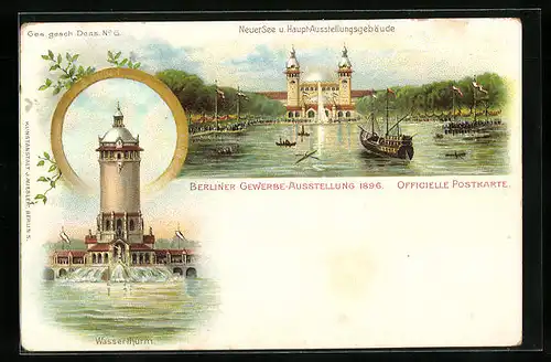 Lithographie Berlin, Gewerbe-Ausstellung 1896, Neuer See und Hauptausstellungsgebäude, Wasserturm