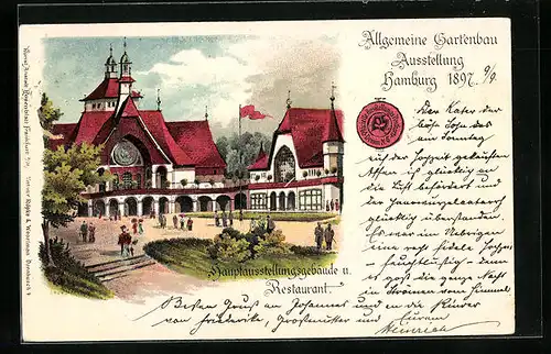Lithographie Hamburg, Allgemeine Gartenbau-Ausstellung 1897, Hauptausstellungsgebäude und Restaurant