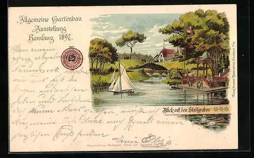 Lithographie Hamburg, Allgemeine Gartenbau-Ausstellung 1897, Blick auf den Stadtgraben