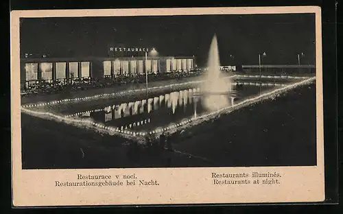 AK Brno, Jubilejní výstava Ceskoslovenské kultury 1928, Restaurationsgebäude bei Nacht, Ausstellung
