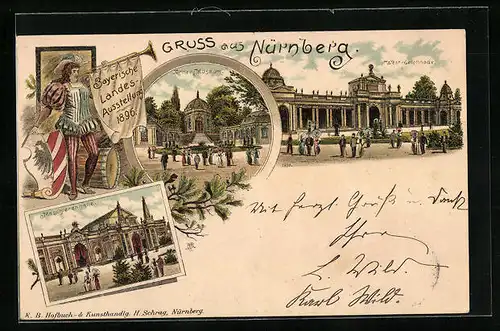 Lithographie Nürnberg, Bayerische Landes-Ausstellung 1896, West-Colonnade, Armee Museum, Maschienenhalle