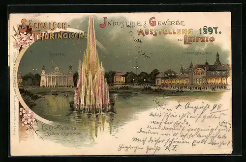 Lithographie Leipzig, Sächsisch-Thüringische Industrie & Gewerbe-Ausstellung 1897, Theater mit Lichtfontaine, Restaurant