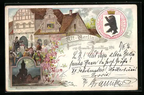 Lithographie Berlin, Gewerbe-Ausstellung 1896, Spandauer Tor, Berliner Bär