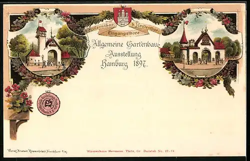 Lithographie Hamburg, Allgemeine Gartenbau-Ausstellung 1897, Eingangstore - Millerntor und Holstentor