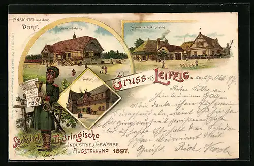 Lithographie Leipzig, Sächsisch Thüringische Industrie & Gewerbe-Ausstellung 1897, Schmiede u. Gutshof, Gemeindehaus