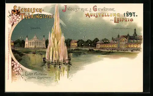 Lithographie Leipzig, Sächsisch Thüringische Industrie & Gewerbe-Ausstellung 1897, Theater u. Hauptrestaurant, Fontaine