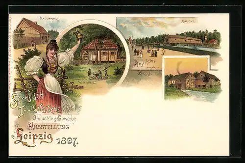 Lithographie Leipzig, Sächsisch Thüringische Industrie & Gewerbe-Ausstellung 1897, Bauernhaus, Thüringer Hütte, Brücke