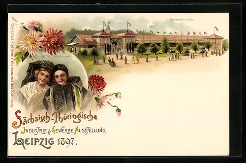 Lithographie Leipzig, Sächsisch Thüringische Industrie & Gewerbe-Ausstellung 1897, Gartenbauhalle, Frauen in Tracht
