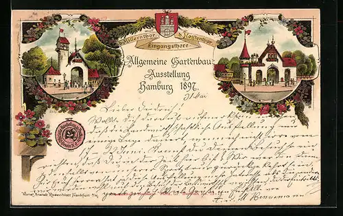 Lithographie Hamburg, Allgemeine Gartenbau-Ausstellung 1897, Eingangstore - Holstentor u. Millerntor